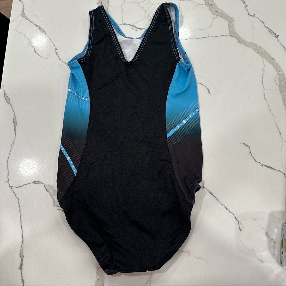 GK Elite Gymnastics Leotard Child Medium CM Blue Black Ombre Rhinestone Graphic - Picture 2 of 7